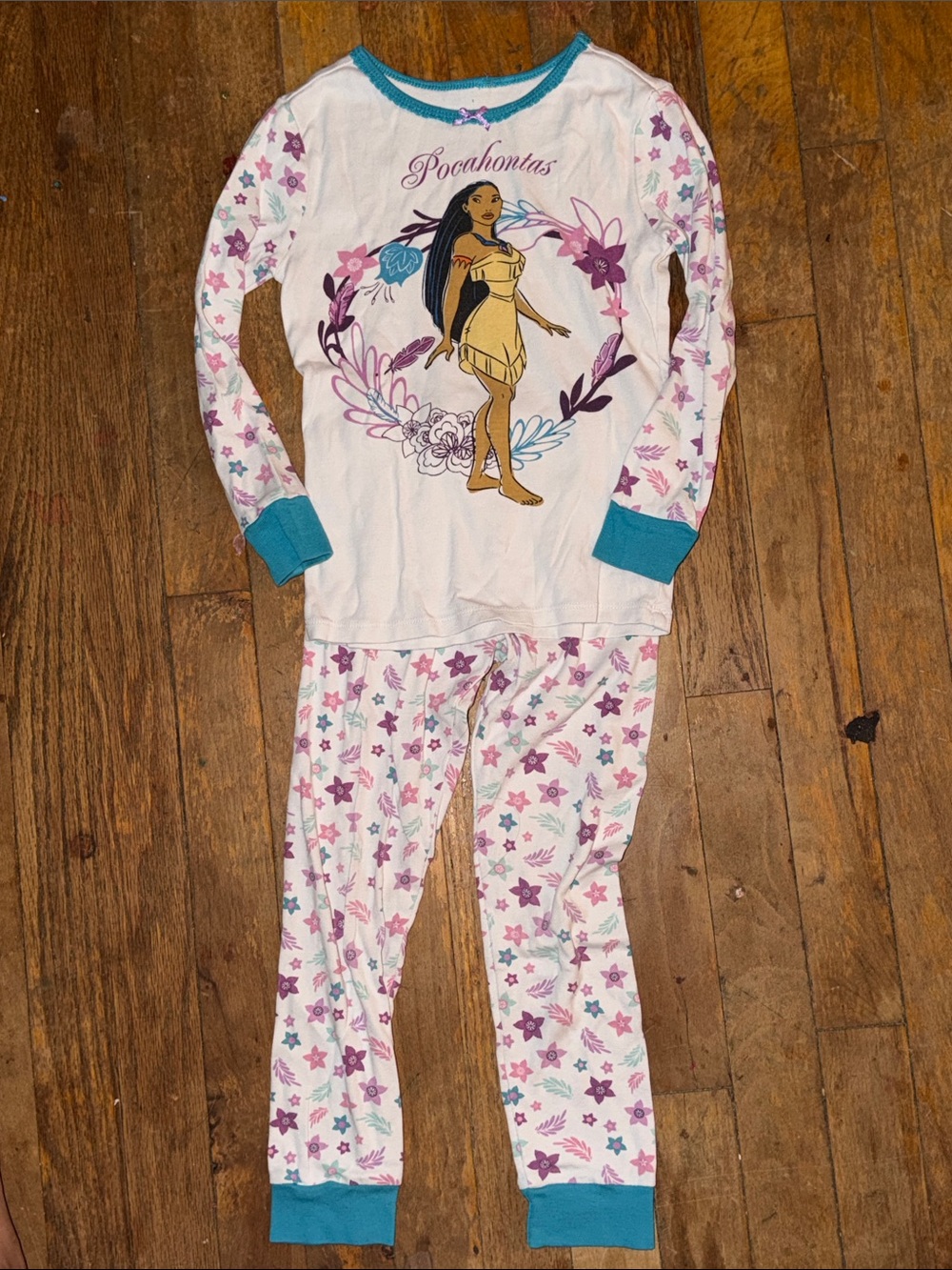 Vintage Disney Pocahontas White Pajama Set with Teal, Pink & Purple Accents